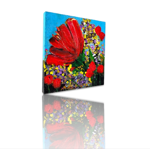 Original Red Poppy Flower Acrylic Painting on Upcycled Square Wood Board - Picture 2 of 13